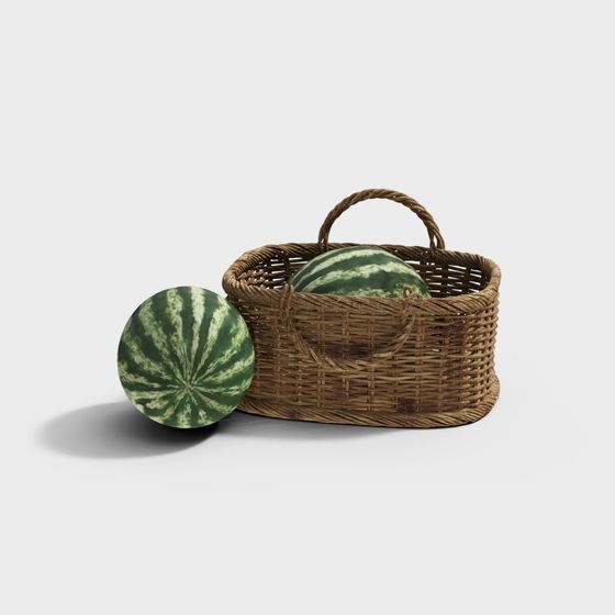 Charming 3D Model of a Wicker Basket with Watermelons