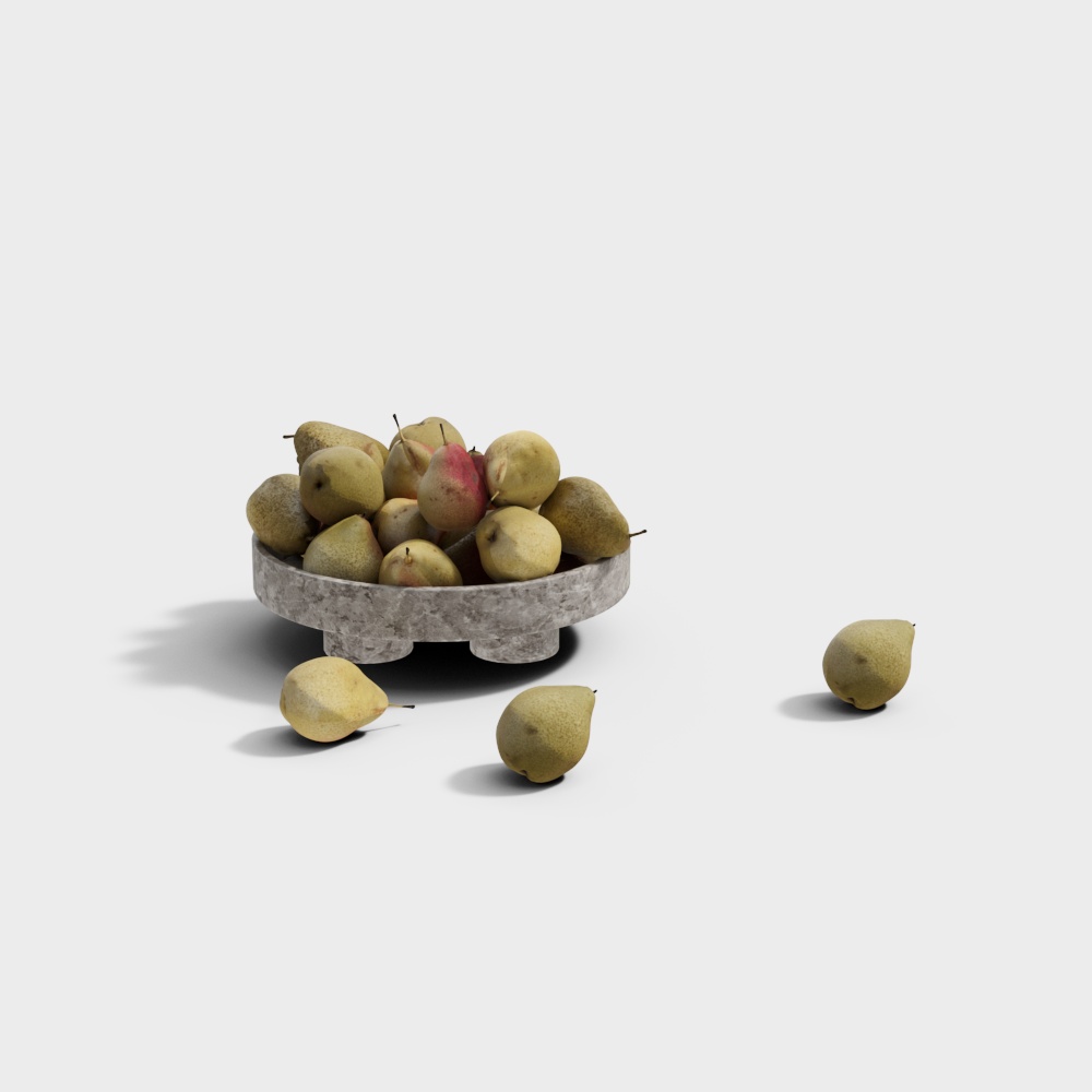 Round grey stone bowl filled with yellow pears and three loose pears on white background