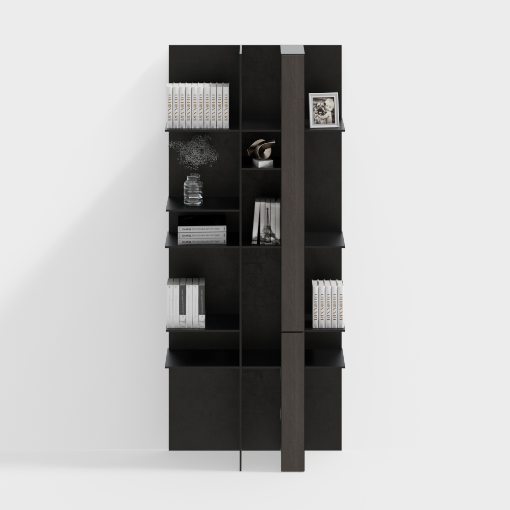 Modern black wall cabinet with open shelves and books on white background
