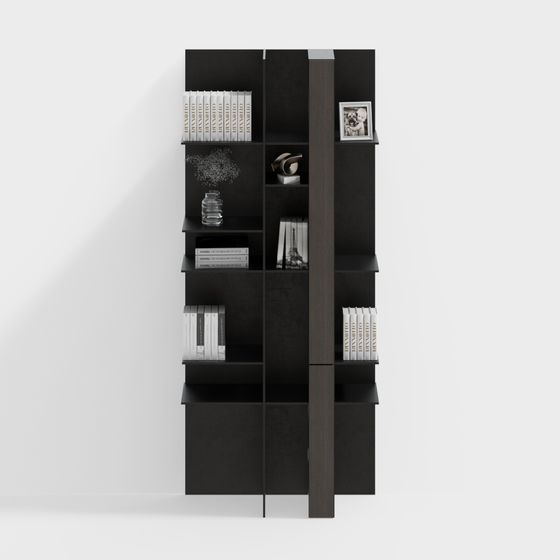 Modern black wall cabinet with open shelves and books on white background