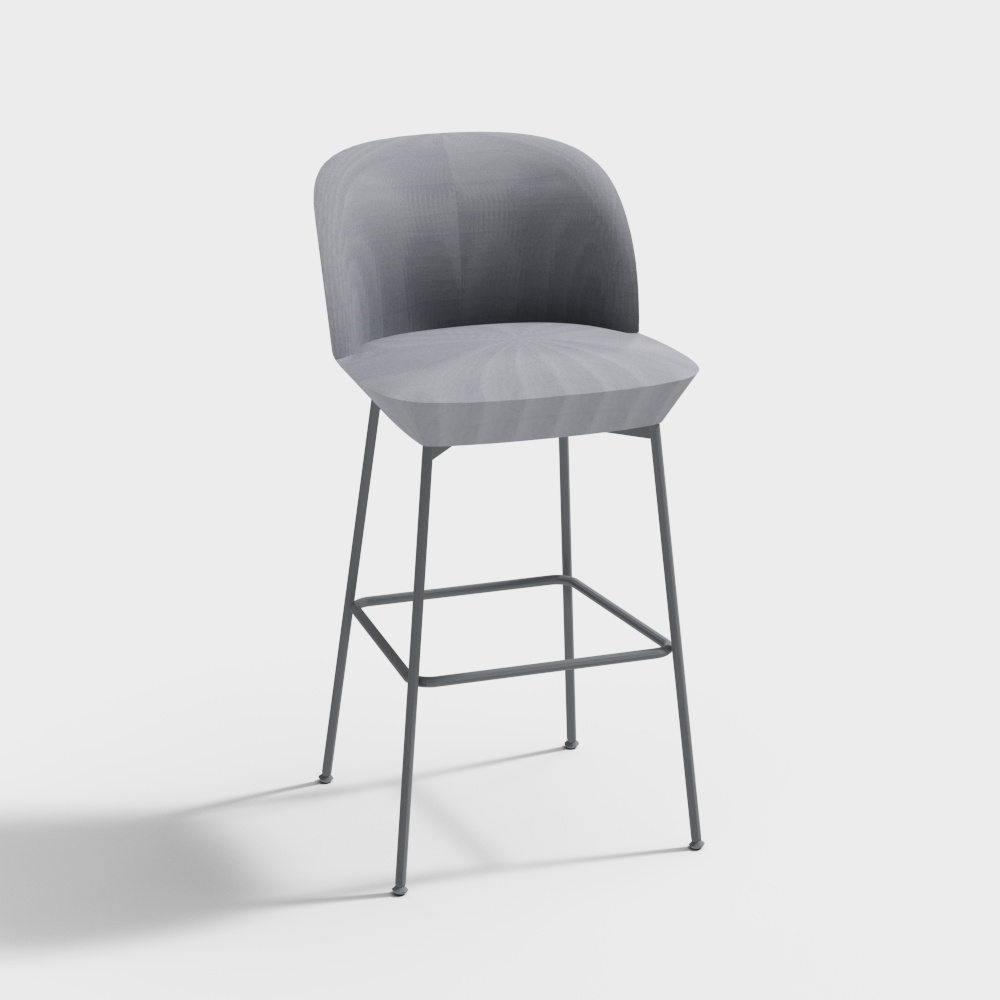 Modern grey bar stool with curved backrest and metal legs on white background