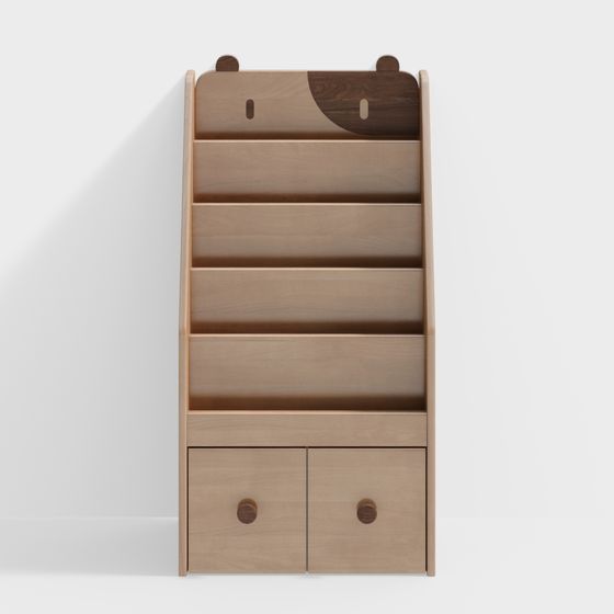 Light wood bookshelf with bear face top and two drawers on white background