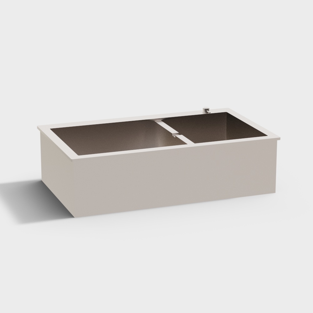 Modern white double basin kitchen sink with dark interior and silver faucet on light grey background
