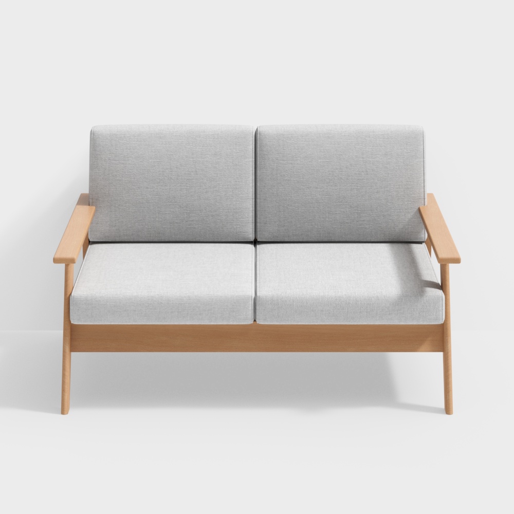 Modern two seat sofa with light grey fabric and natural wood frame on white background