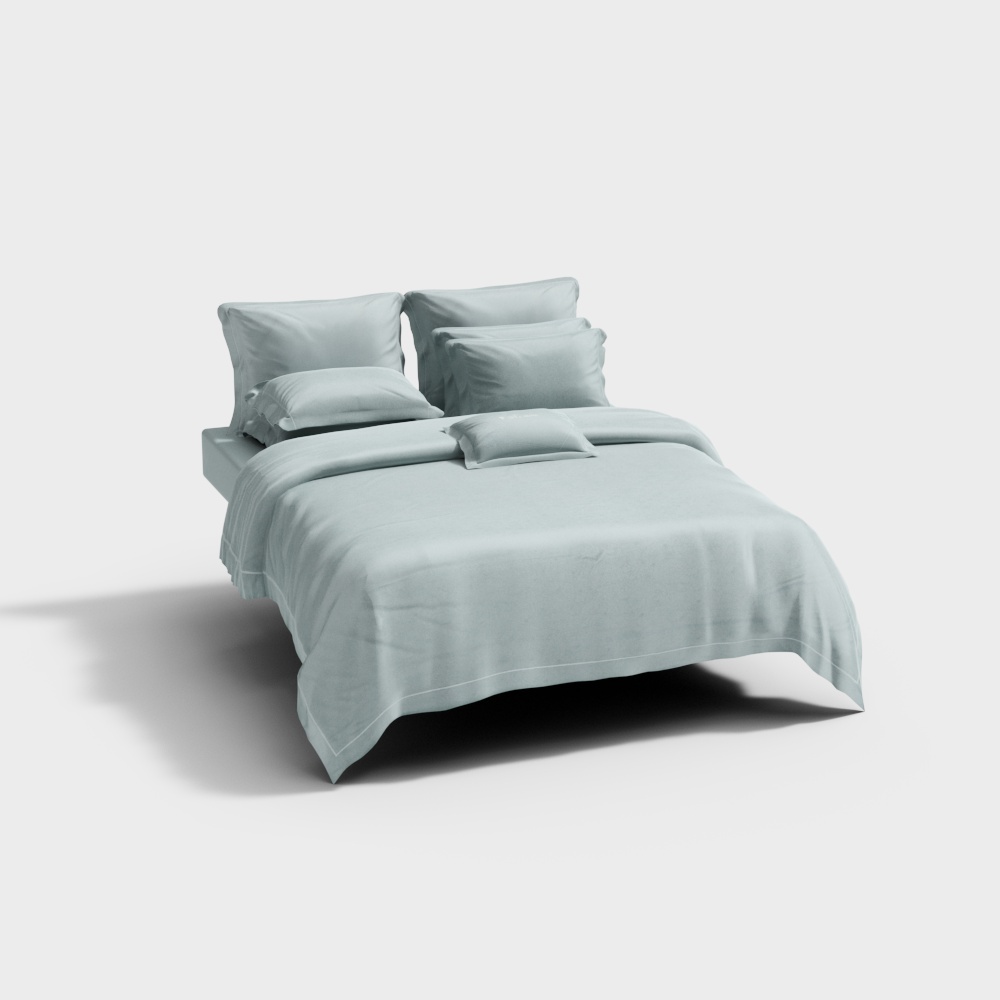 Contemporary king size bed with light blue fabric headboard and matching bedding on white background