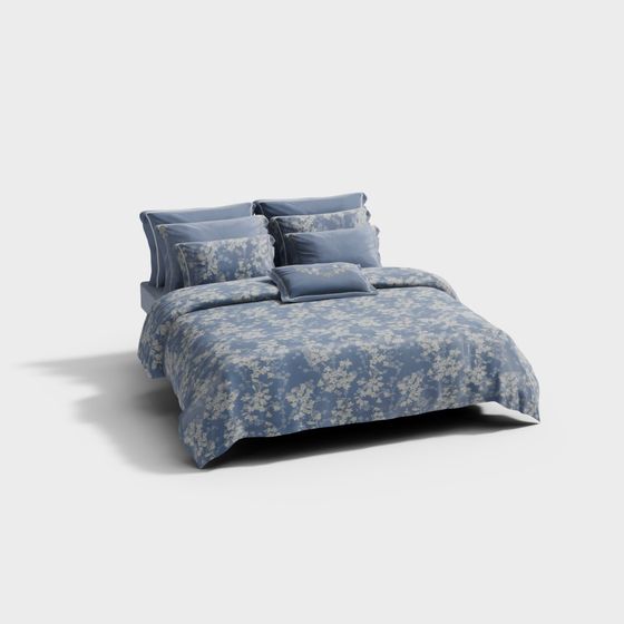 Elegant Blue-Themed 3D Bed Model