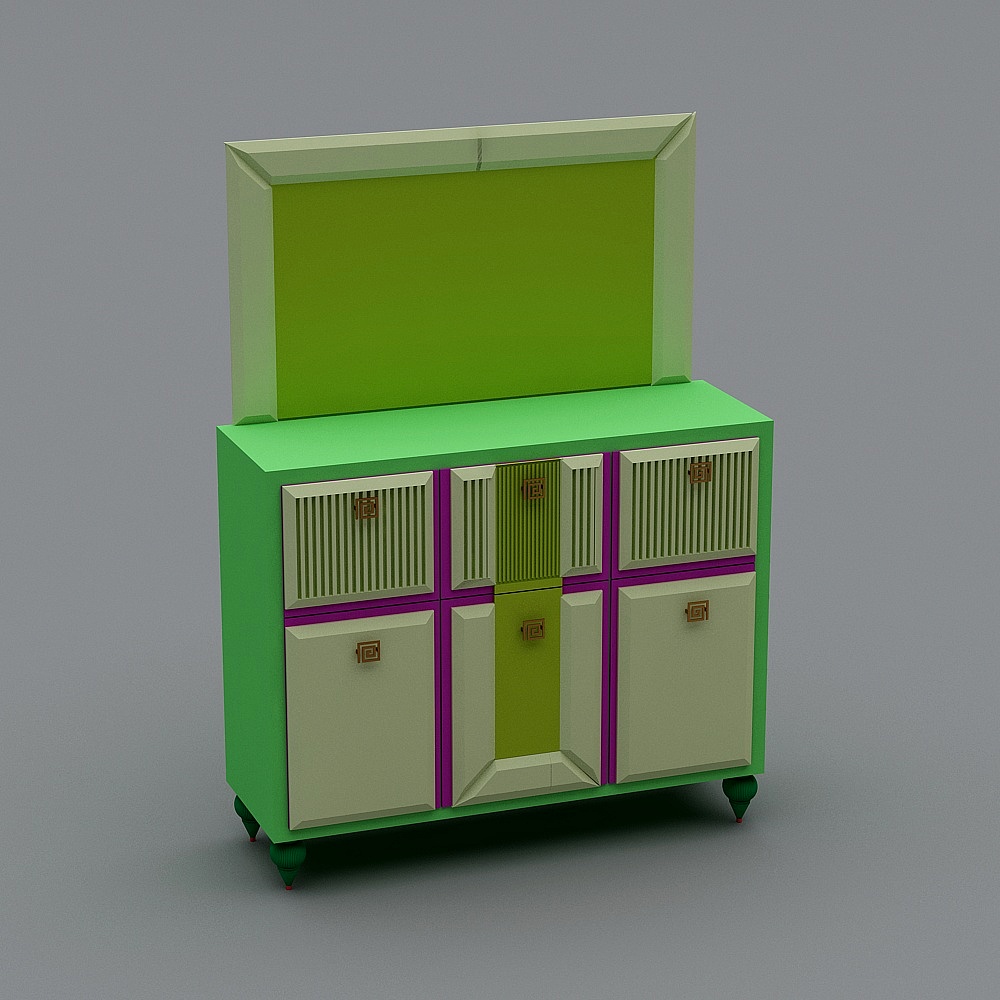 Modern green cabinet with cream doors and purple trim on grey background