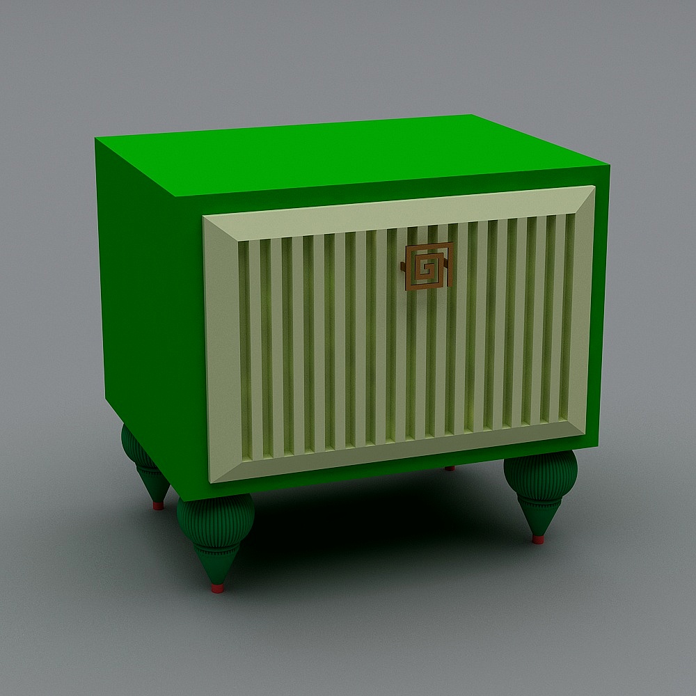 Green cabinet with cream slatted door and round legs on grey background