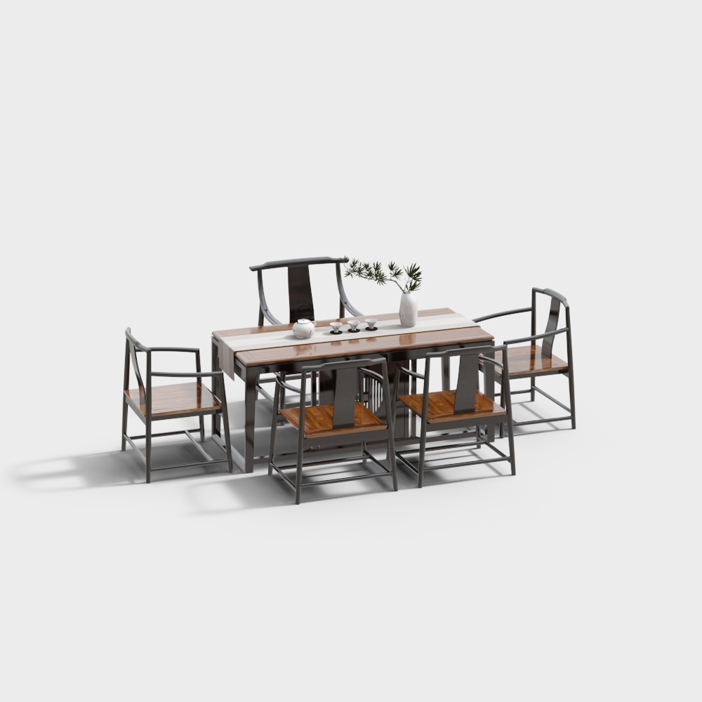 Elegant Minimalist Chinese Tea Table and Chairs 3D Model