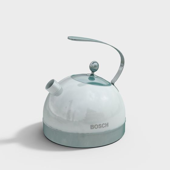 Modern white and silver electric kettle with curved handle on grey background