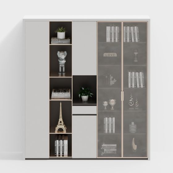 Modern Glass Door Bookcase 3D Model in White