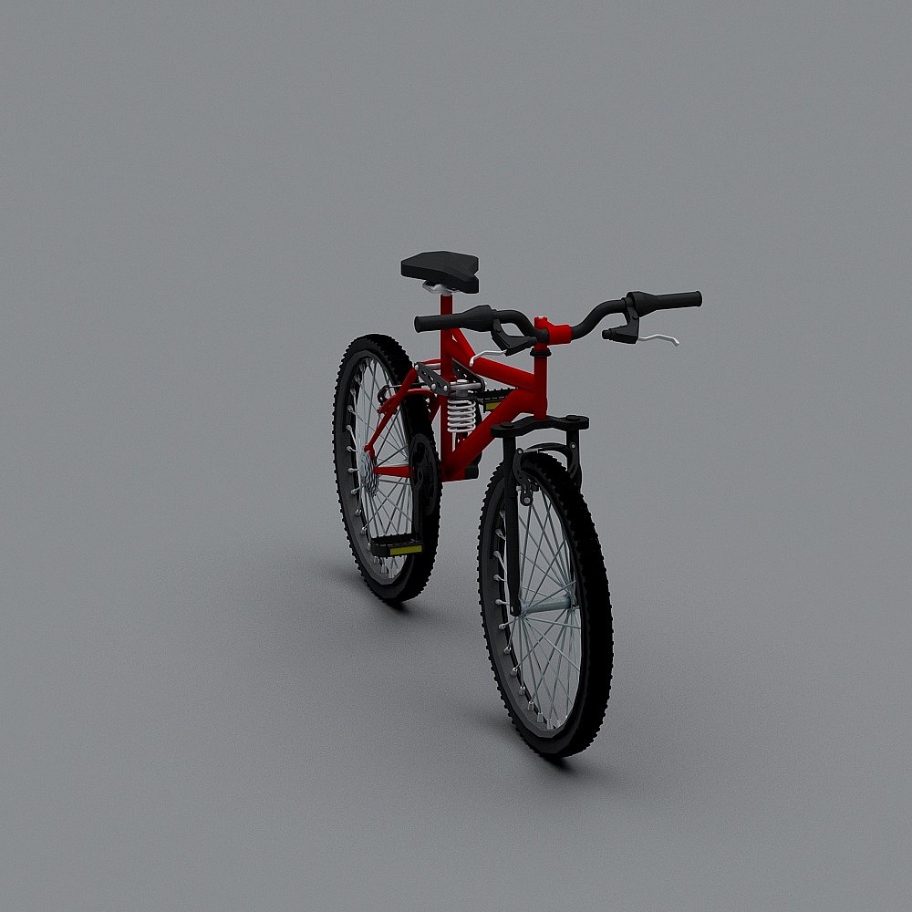 Red mountain bike with black seat and handlebars on grey background