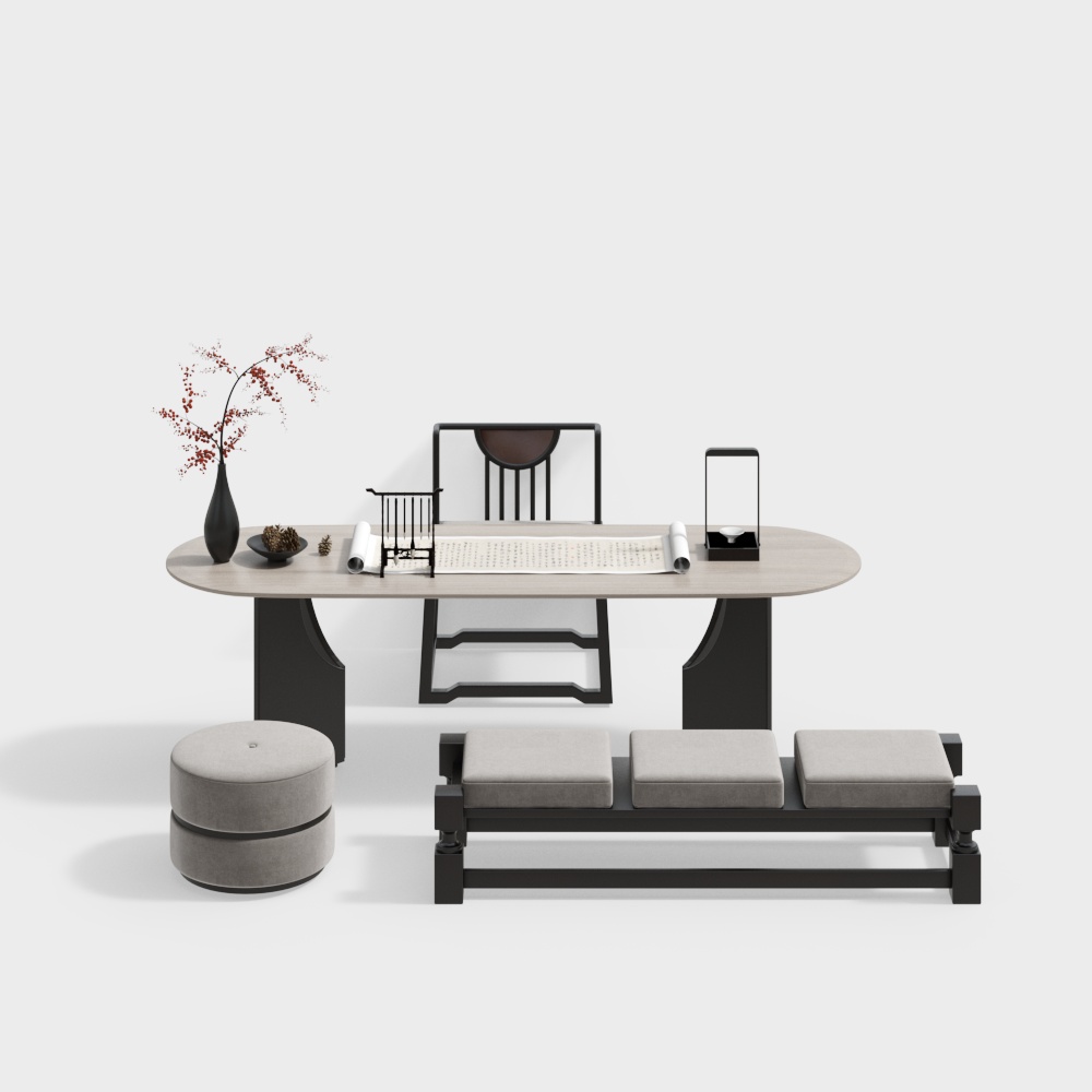 Zen-Style Study Room 3D Model – Low-Poly Eastern Interior