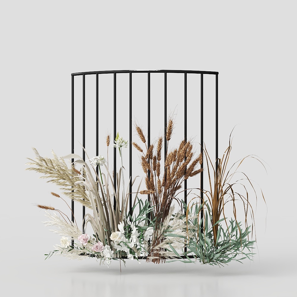 Black metal half circle screen with dried wheat and flowers on grey background