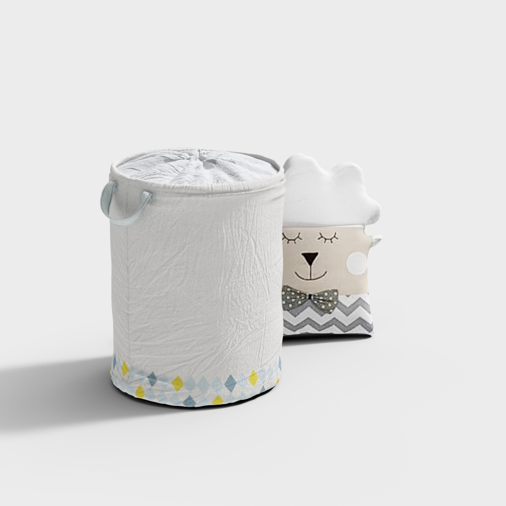 White round fabric storage bin with bear toy on light grey background