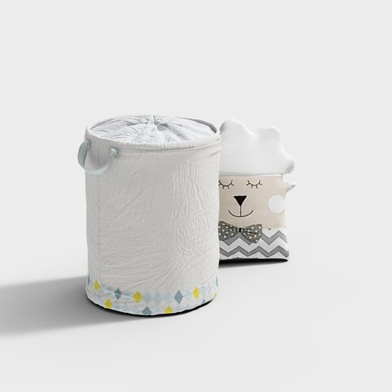White round fabric storage bin with bear toy on light grey background