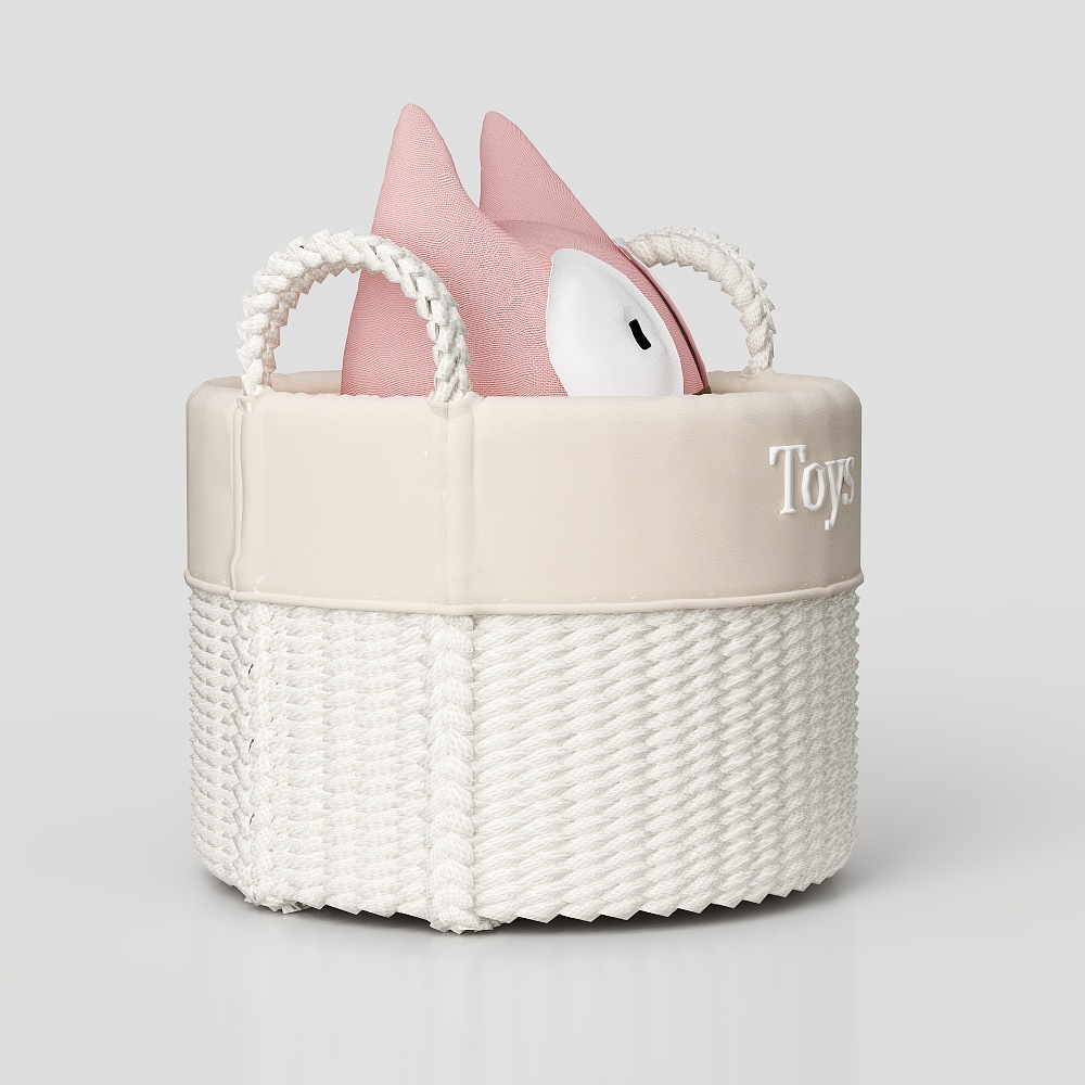 Cream woven storage basket with rope handles and pink toy on grey background
