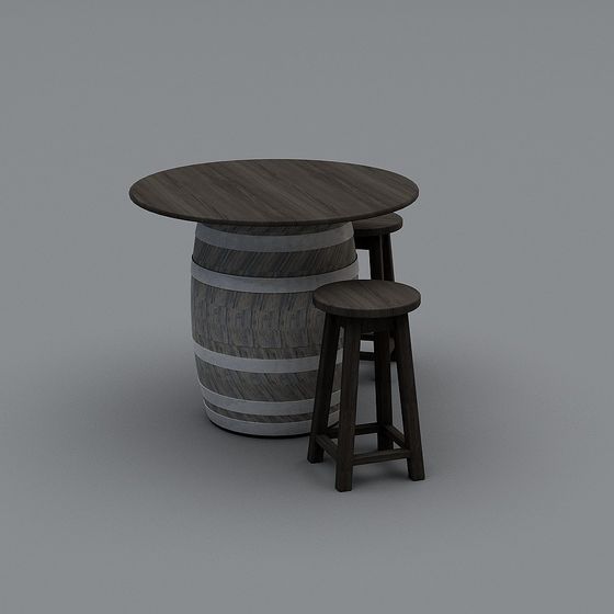 Vintage Barrel Inspired Round Table and Stool 3D Model