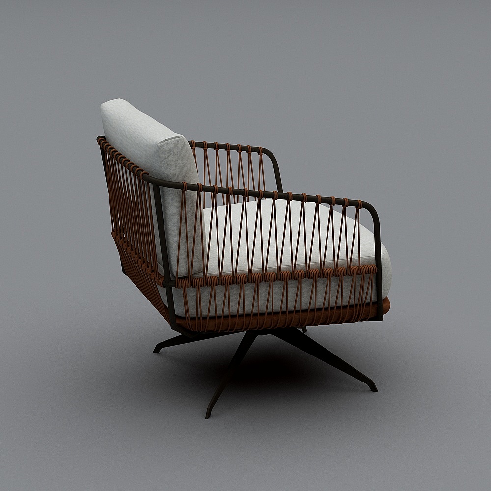 Modern brown rope armchair with white cushion and black metal legs on grey background