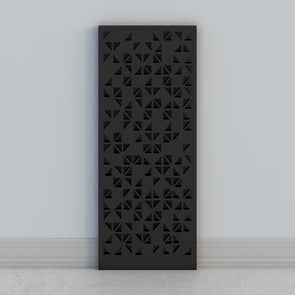 Black decorative wall panel with geometric triangle cutout pattern on white background