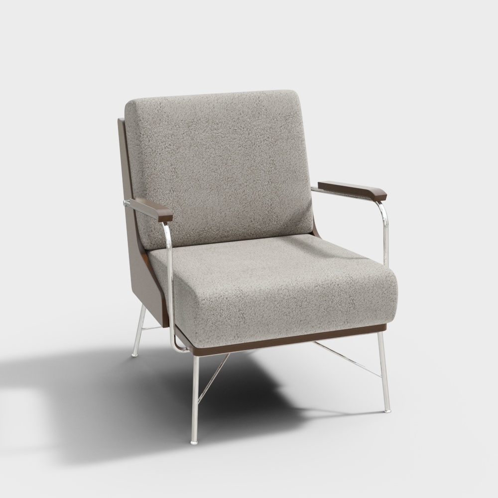 Modern grey fabric armchair with wooden arms and silver legs on white background