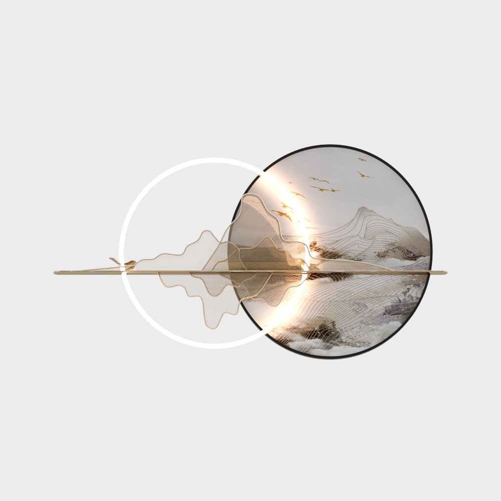 Modern circular wall light with mountain art and gold wire frame on grey background