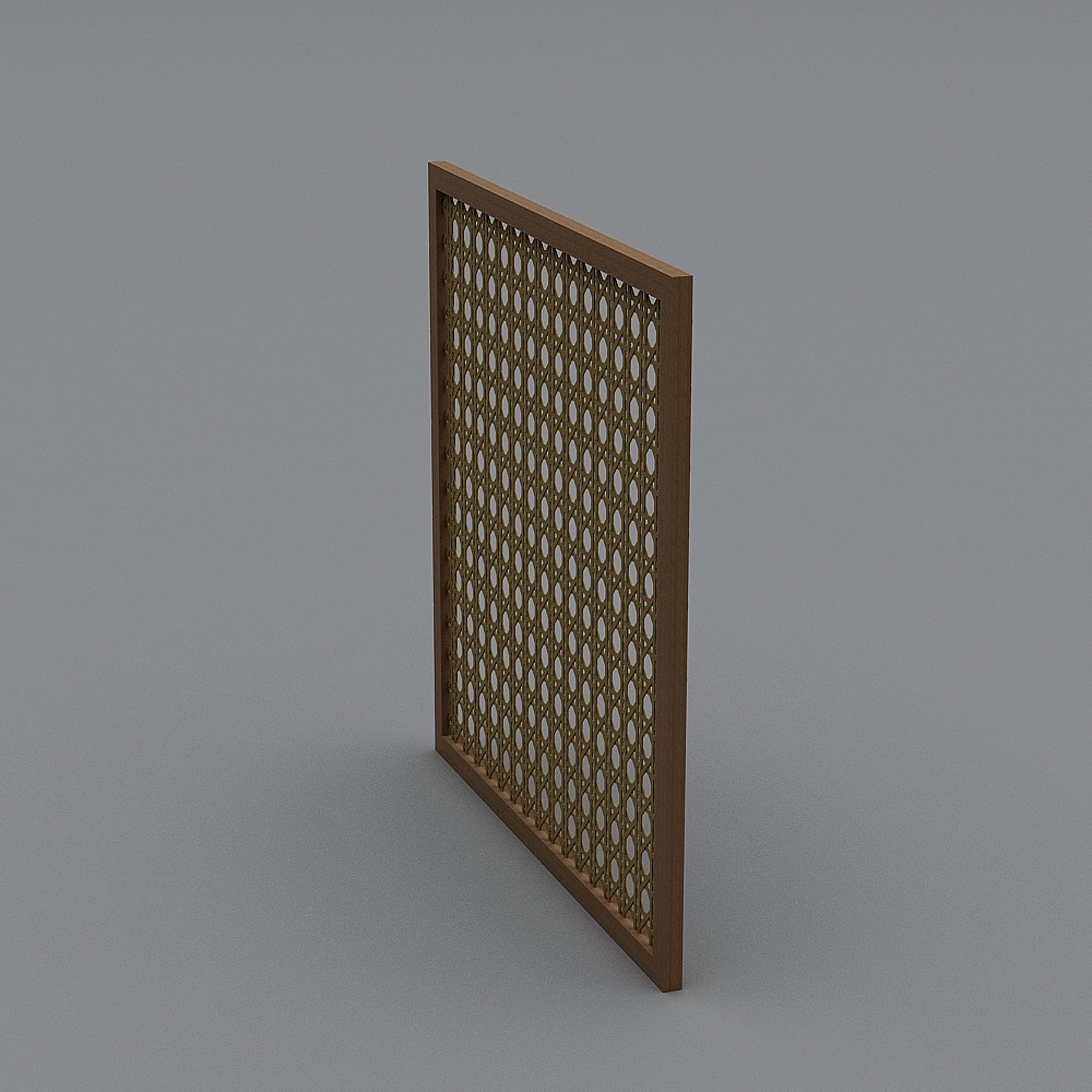 Rectangular brown wood frame with woven cane mesh insert panel on grey background