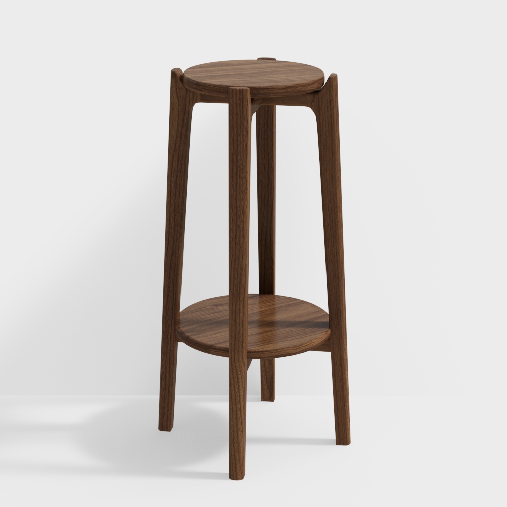 Modern dark brown wooden bar stool with round seat and lower shelf on white background