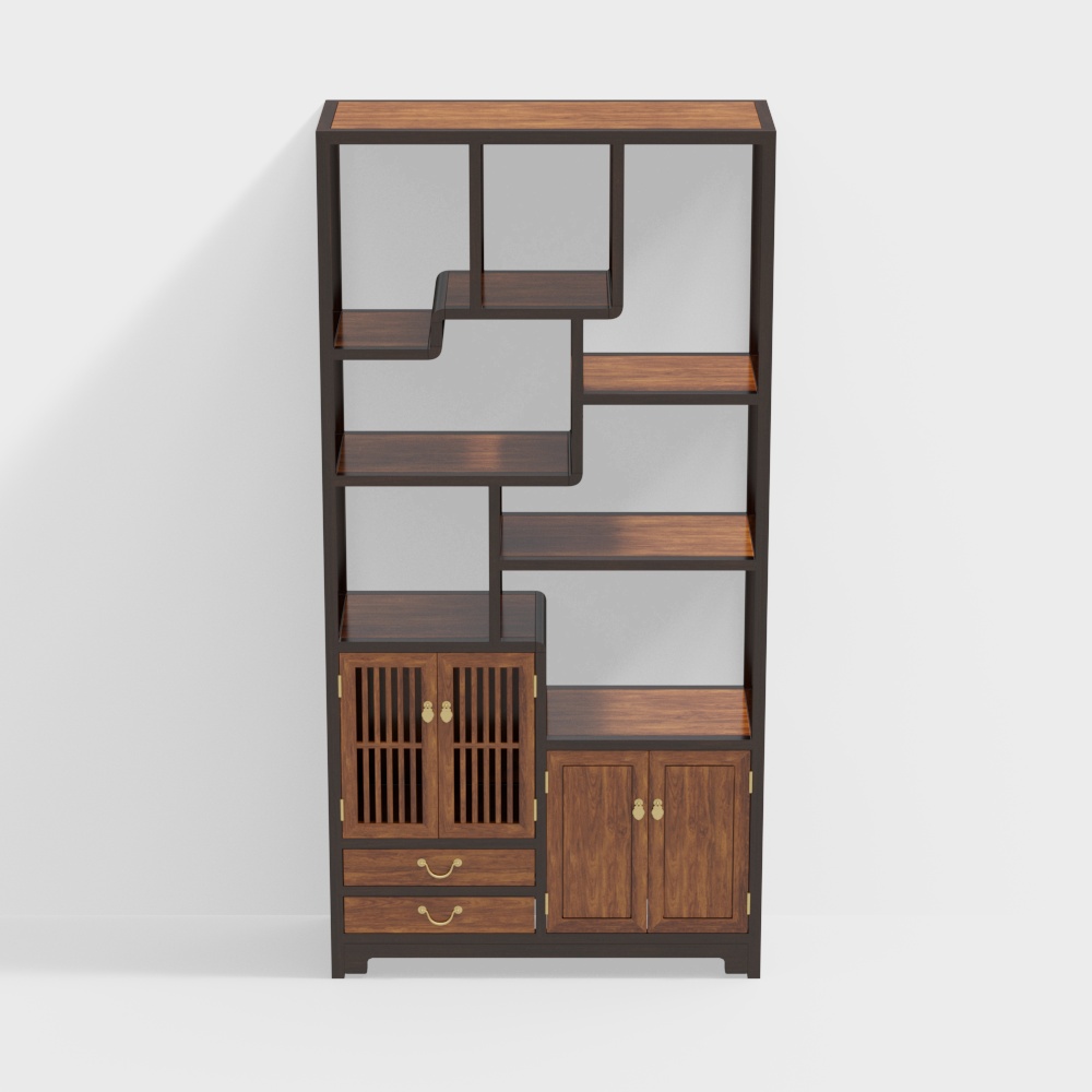 Asian style dark wood display cabinet with open shelves and gold handles on white background