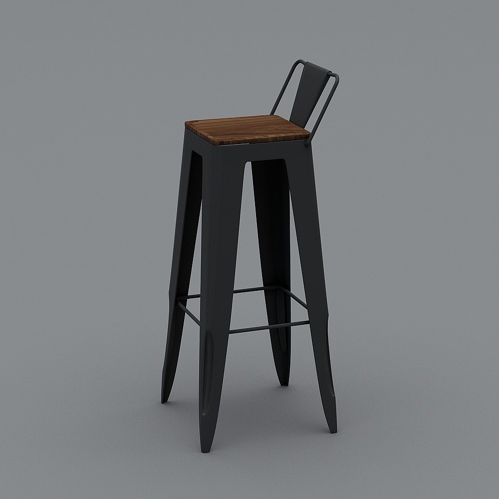 Industrial style black metal bar stool with wooden seat and backrest on grey background