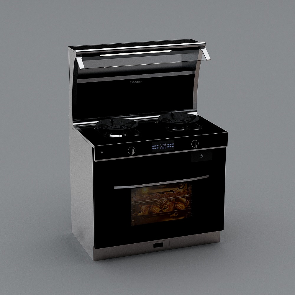 Modern black and silver gas stove with oven and glass door on grey background
