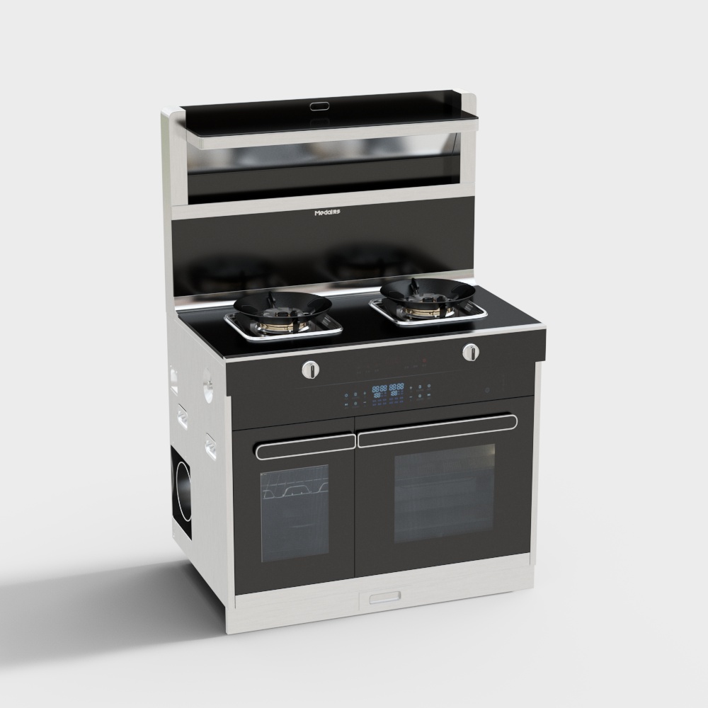 Modern stainless steel kitchen stove with black glass top and oven on white background