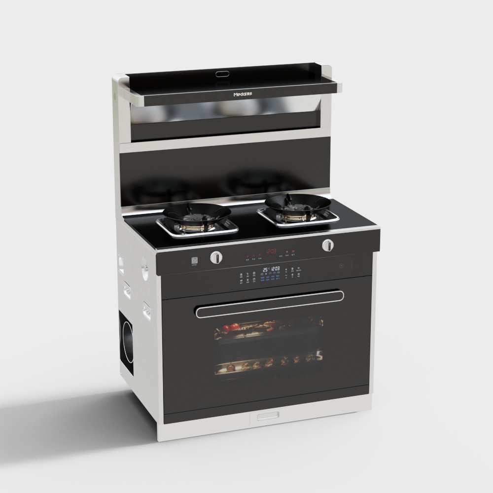 Modern black and silver stove with two burners oven and hood on white background
