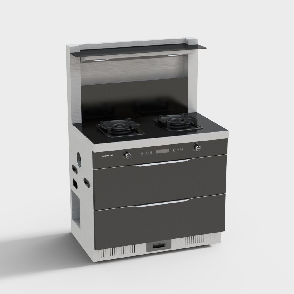 Modern white and black kitchen stove with two burners and drawers on white background