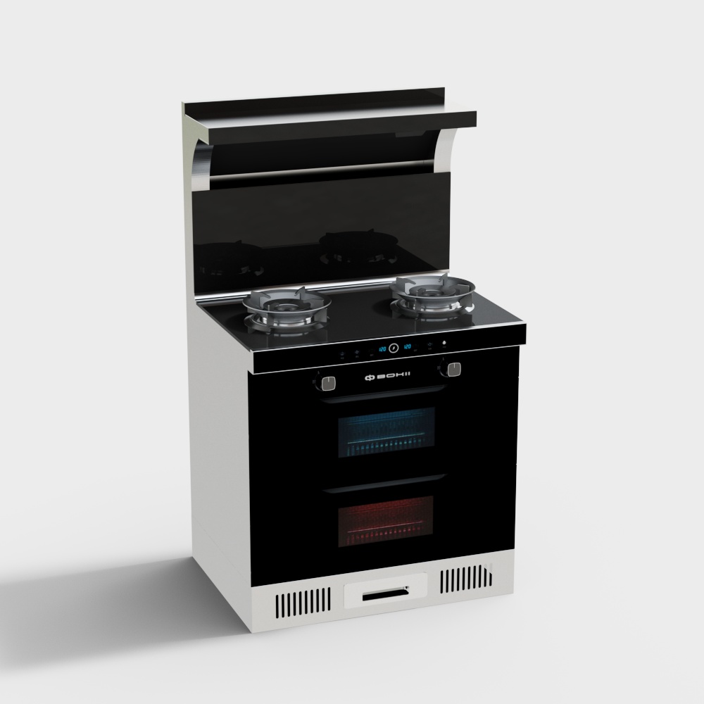 Modern black and white stove with two burners and oven on grey background