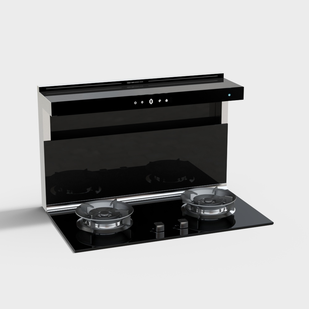 Modern black glass stove with two burners and silver hood on grey background