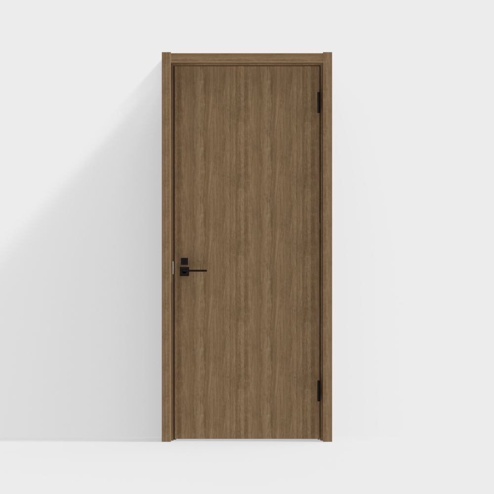 Modern light brown wooden interior door with black handle on white background