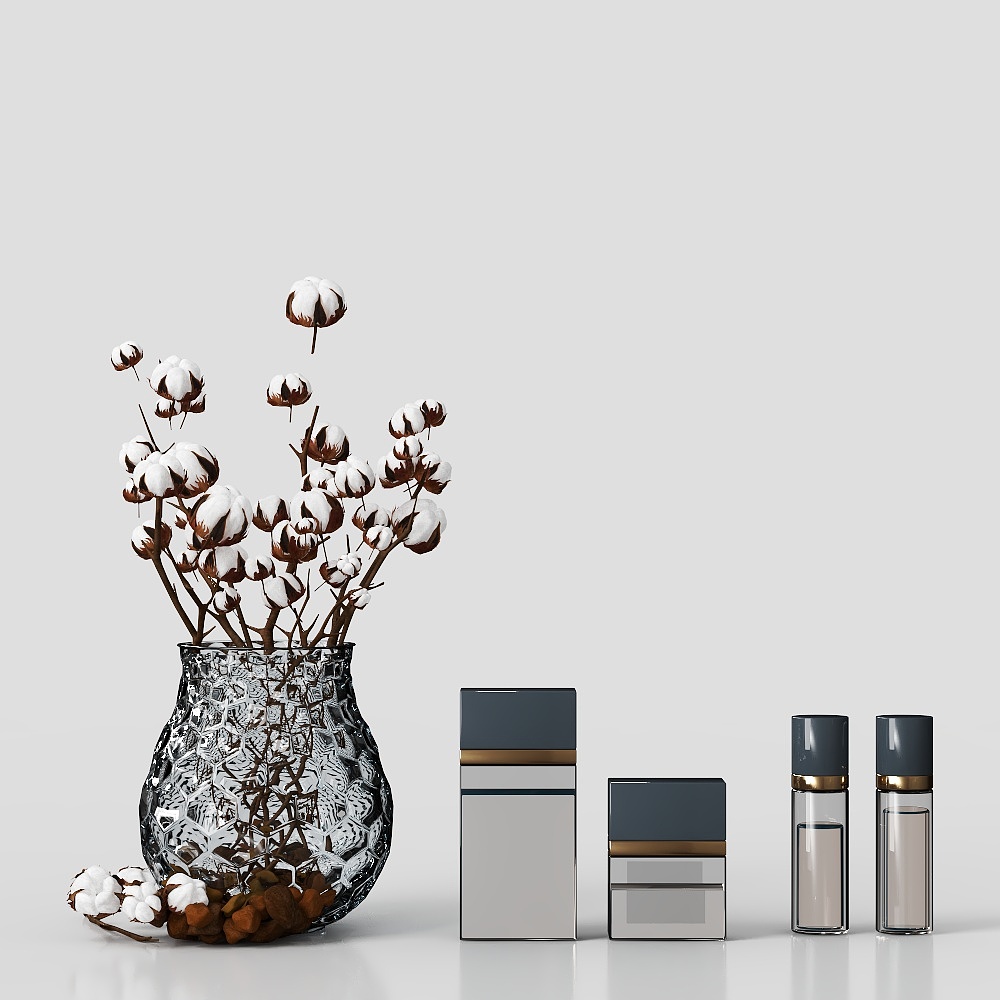 Elegant Low-Poly Glass Vase 3D model with Cotton Stems