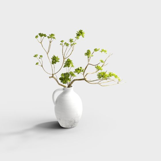 White ceramic vase with handle holding green leafy branches on light grey background