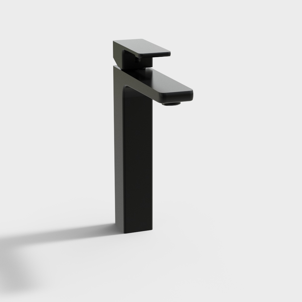Modern matte black bathroom sink faucet with tall body and flat handle on white background