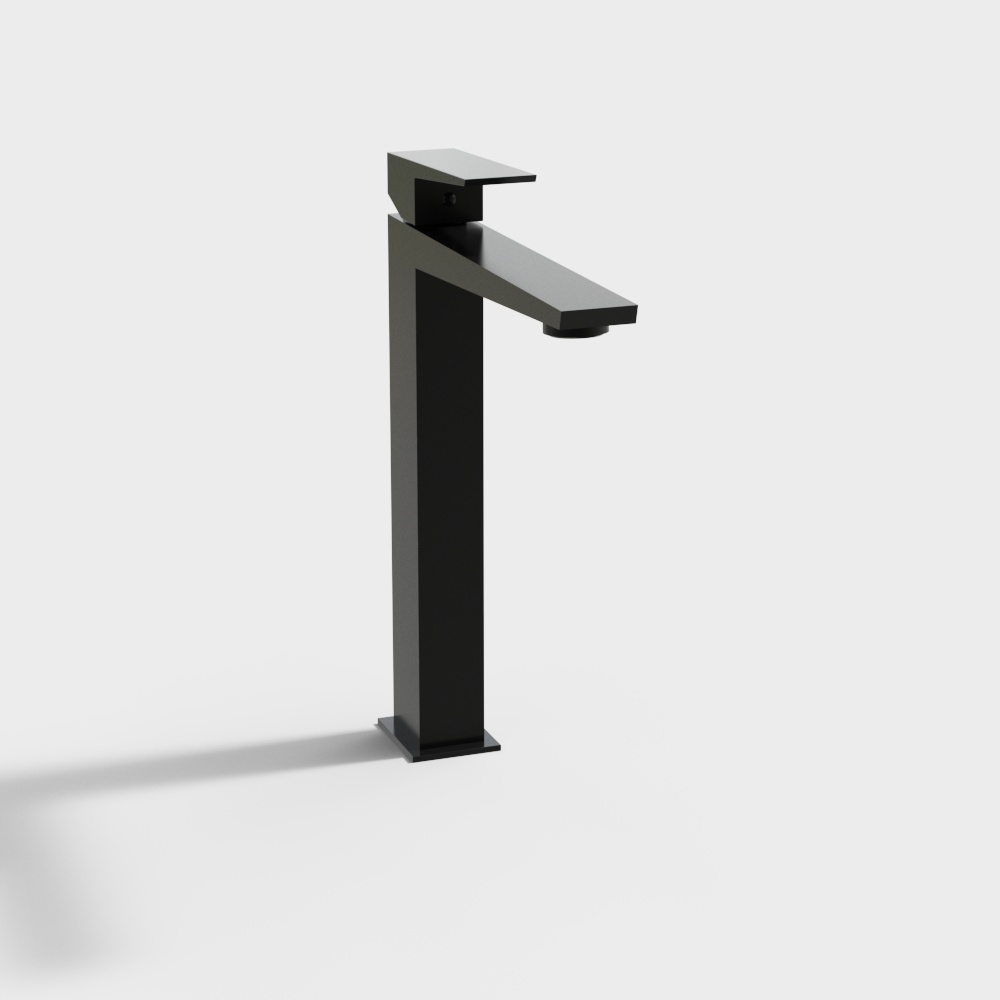 Modern tall black bathroom sink faucet with flat handle on white background