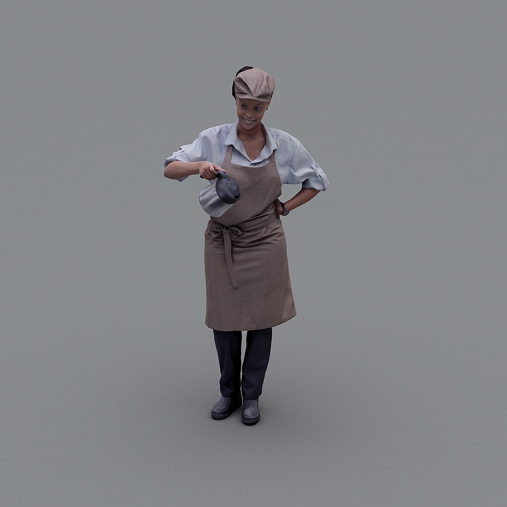 Woman wearing brown apron and hat holding silver pitcher on grey background