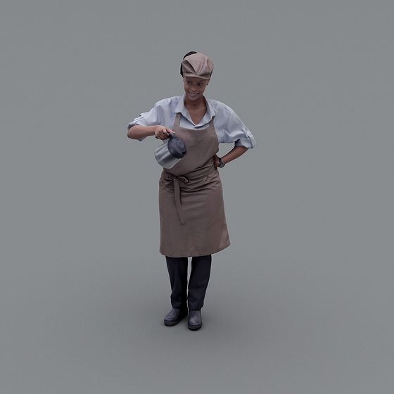Woman wearing brown apron and hat holding silver pitcher on grey background