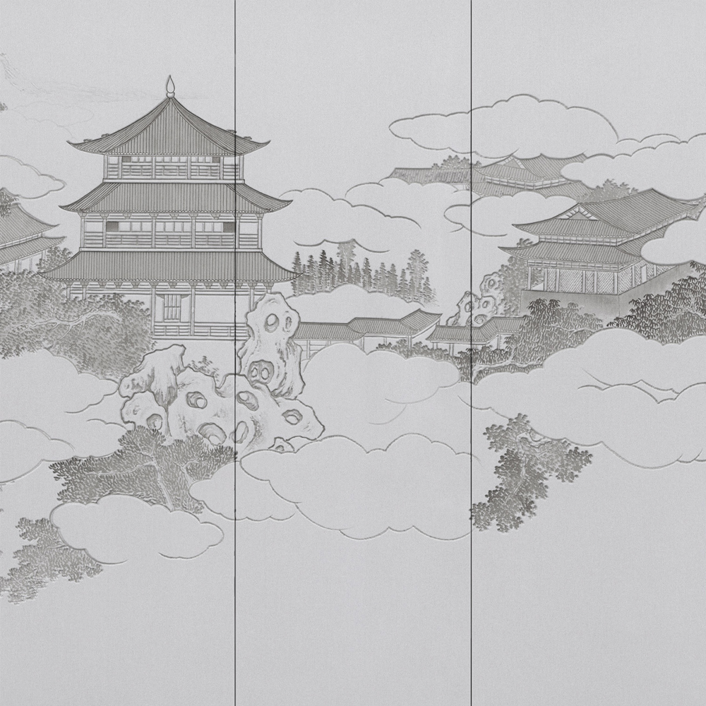 Art xuan mural new Chinese-style architecture ancient pavilions black and white background wall fabric