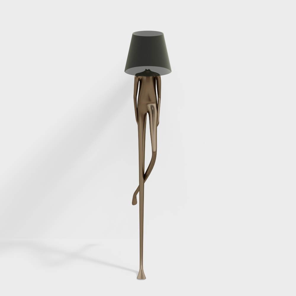 Modern bronze floor lamp with black shade on white background