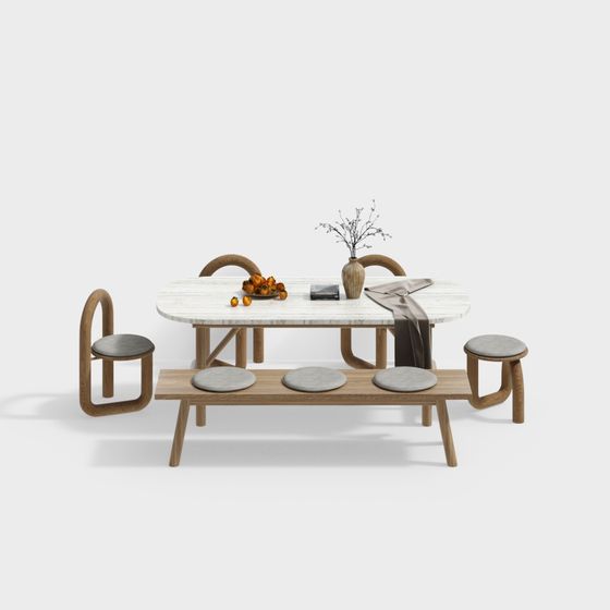 Stylish Low-Polygon Dining Table and Chair Set 3D model