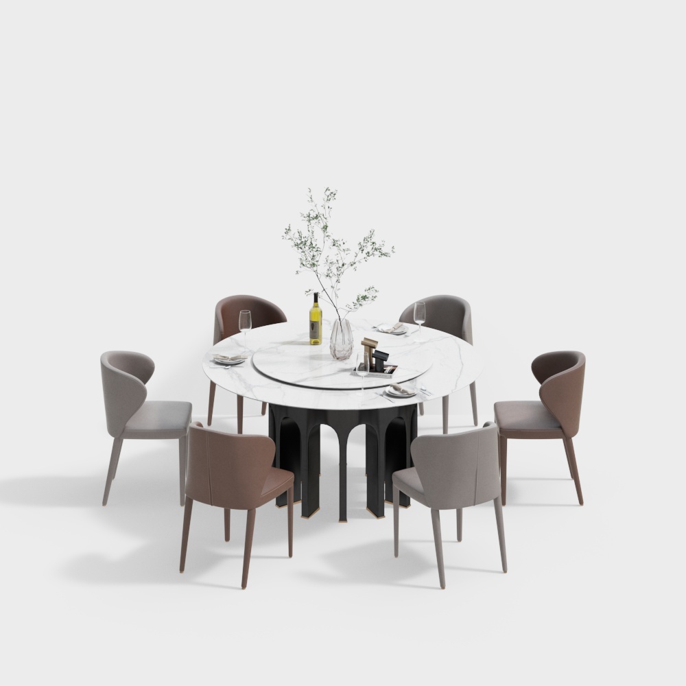 Elegant Round Table with Six Chairs 3D model