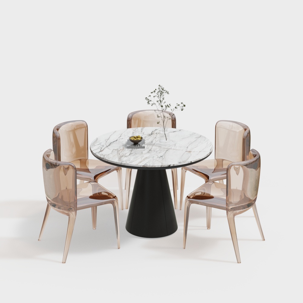Elegant Dining Table Set 3D Model – Marble & Transparent Chairs