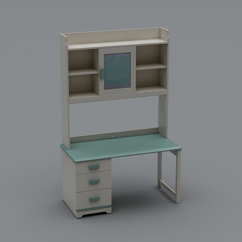 White desk with teal top and hutch cabinet on grey background