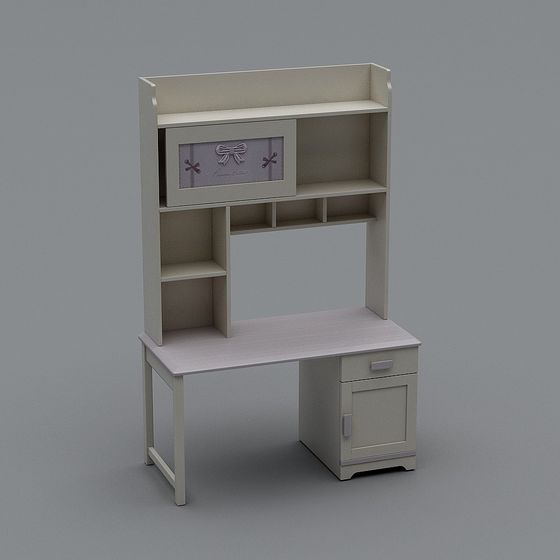 Light grey wooden desk with shelves and drawer on grey background